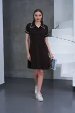 Kahverengi Polo Yaka Kroşetalı Elbise