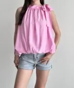 Pembe BOYUNDAN BAĞLAMALI BALON BLUZ