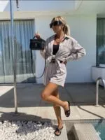 Bej Kemerli Gömlek Şort Takım