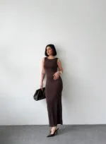 Kahverengi SIRT DEKOLTELİ UZUN ELBİSE