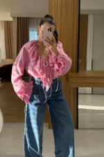 Pembe İpli önden bağlamalı fırfırlı gömlek