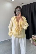 Sarı İpli önden bağlamalı fırfırlı gömlek