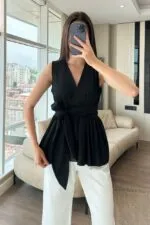 Siyah KUŞAKLI POPLİN BLUZ
