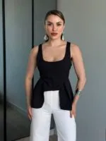 Siyah KARE YAKA PEPLUM BLUZ