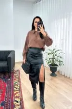 Yaka Bağlamalı Dökümlü Kahve Toptan Bluz
