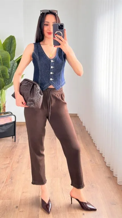 Paça Detaylı Belden Bağlamalı Toptan Kahve Pantolon