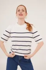Çizgili Kısa Kol Beyaz Lacivert Toptan Bluz