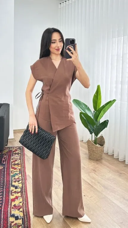 Modal Tek Düğme Kapamalı Oversize Camel Toptan Takım