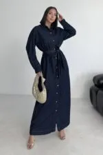 Düğmeli Klasik Uzun Kot Elbise 3034
