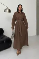 Düğmeli Klasik Uzun Kot Elbise 3034