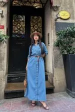 Düğmeli Uzun Elbise 3039
