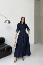 Düğmeli Uzun Boy Kot Elbise 3047