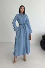 Düğmeli Uzun Boy Kot Elbise 3047