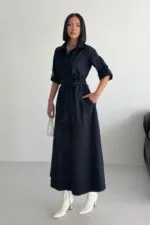 Düğmeli Uzun Boy Kot Elbise 3047