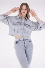 Taşlı Kısa Oversize Kot Ceket 6005