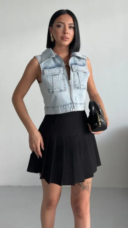Fermuarlı Mini Kot Yelek 6018