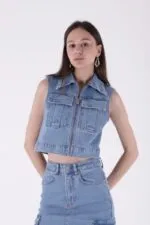 Fermuarlı Mini Kot Yelek 6018