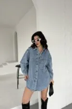 Düğmeli Oversize Kot Gömlek 6080
