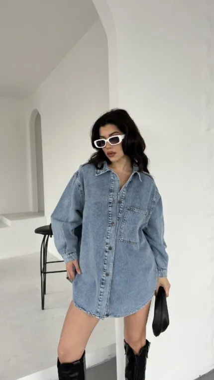 Düğmeli Oversize Kot Gömlek 6080