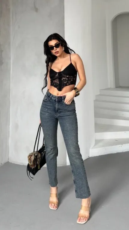 Serpme Yıldızlı Mom Fit Kot Pantolon 7040