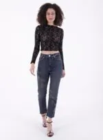 Çapraz Taşlı Mom Fit Kot Pantolon 7054