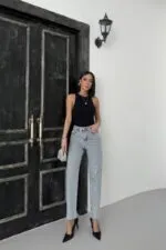 Leopar Taşlı Mom Fit Kot Pantolon 7089
