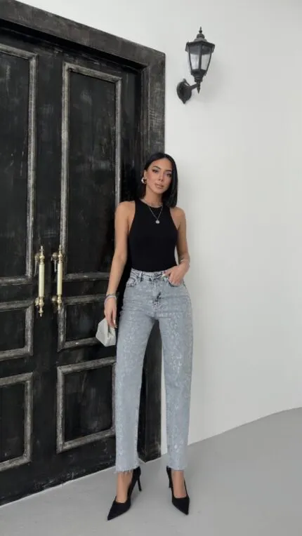 Leopar Taşlı Mom Fit Kot Pantolon 7089