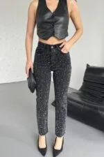 Leopar Taşlı Mom Fit Kot Pantolon 7089