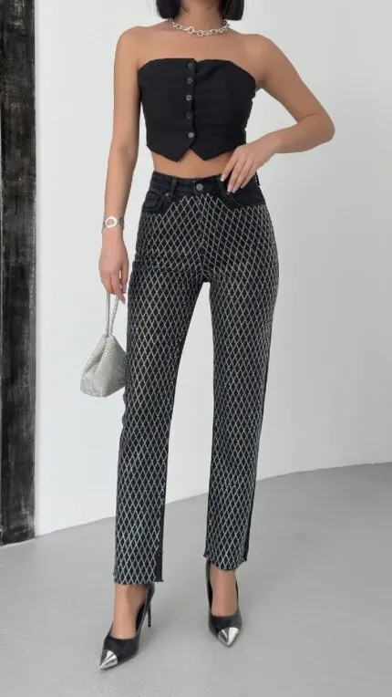 Taşlı Mom Fit Kot Pantolon 7092