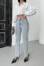 Şerit Taşlı Mom Fit Kot Pantolon 7110