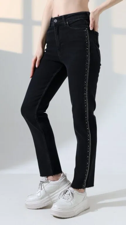 Şerit Taşlı Mom Fit Kot Pantolon 7110