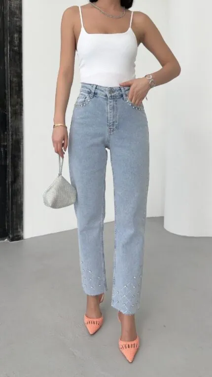 Taşlı Mom Fit Kot Pantolon 7115