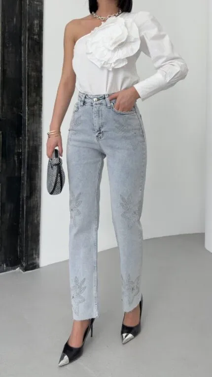 Taşlı Mom Fit Kot Pantolon 7116