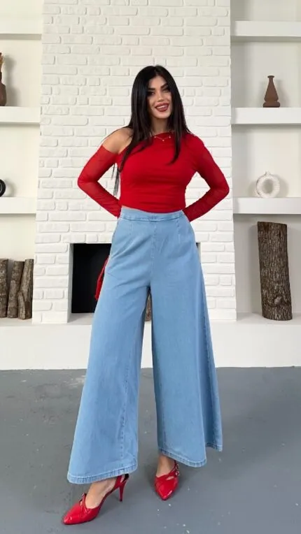 Arkası Lastikli Bol Paça Kot Pantolon 7120