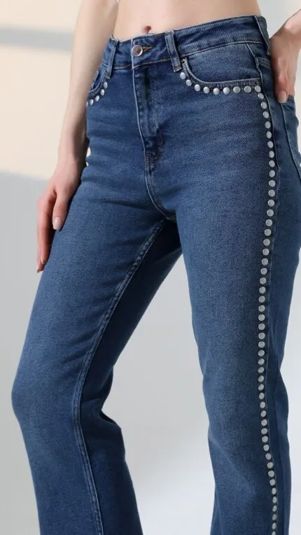 Zımba Taşlı İspanyol Mom Fit Kot Pantolon 7192