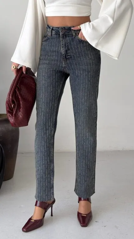 Taşlı Mom Fit Kot Pantolon 7218