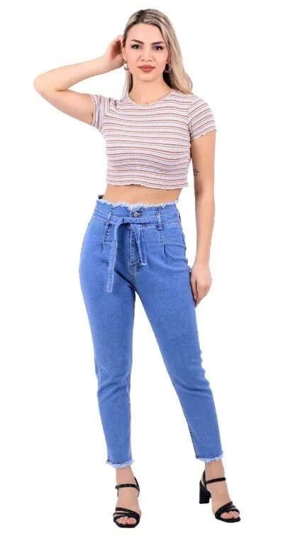 Beli Yüksek Bel Havuç Kemerli Kot Pantolon 736