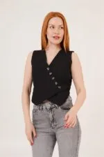 V Yaka Düğmeli Üçgen Kesim Toptan Siyah Yelek