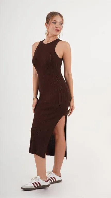 Halter Yaka Mevsimlik Bordo Toptan Triko Elbise