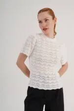 Örgü Model Kısa Kol Toptan Beyaz Triko Bluz