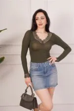 Dantel Detaylı Uzun Kollu Haki Toptan Body Bluz