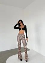Koyu Leopar İspanyol Paça Pantolon