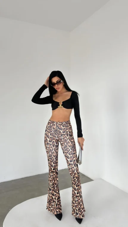 Koyu Leopar İspanyol Paça Pantolon