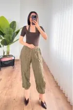 Kırışık Kumaş Toptan Haki Şalvar Pantolon