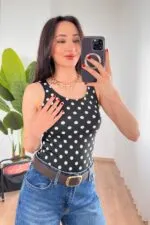 Puantiyeli Bisiklet Yaka Toptan Siyah Atlet Bluz