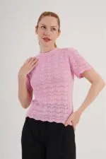 Örgü Model Kısa Kol Toptan Pembe Triko Bluz