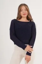File Geniş Yaka Toptan Lacivert Örme Bluz