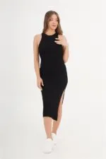 Halter Yaka Mevsimlik Siyah Toptan Triko Elbise