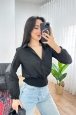 Eteği Gipeli Düğmeli Siyah Toptan Gömlek