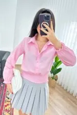 Eteği Gipeli Düğmeli Pembe Toptan Gömlek